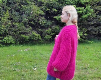 Soft Cozy Mohair Merino Oversized Cardigan, Mohair Fuchsia