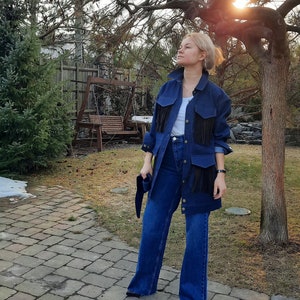 Denim fringed jacket, boho dark blue denim jacket with suede fringe, western denim jacket, jeans jacket, fringe jacket, boho denim jacket