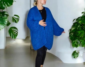 Chunky übergroße Hand stricken Mohair Strickjacke - Dunkelblau