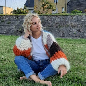 Soft cozy warm mohair oversized cardigan, handknitted cardigan,  fluffy cardigan, brown orange mohair cardigan, patchwork mohair cardigan