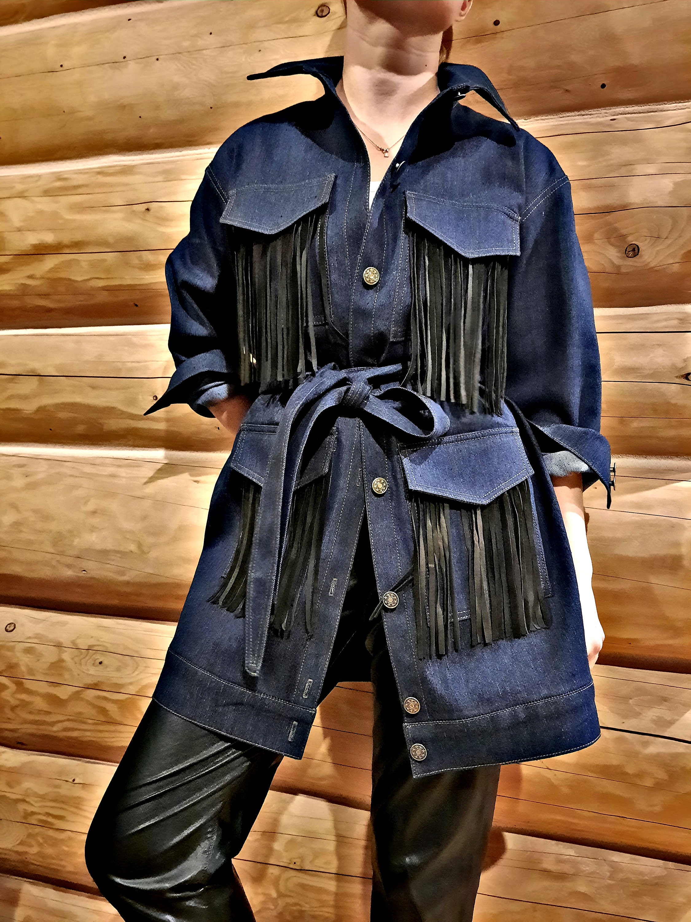 Denim Fringed Jacket Navy Denim Jacket With Suede Fringe - Etsy UK