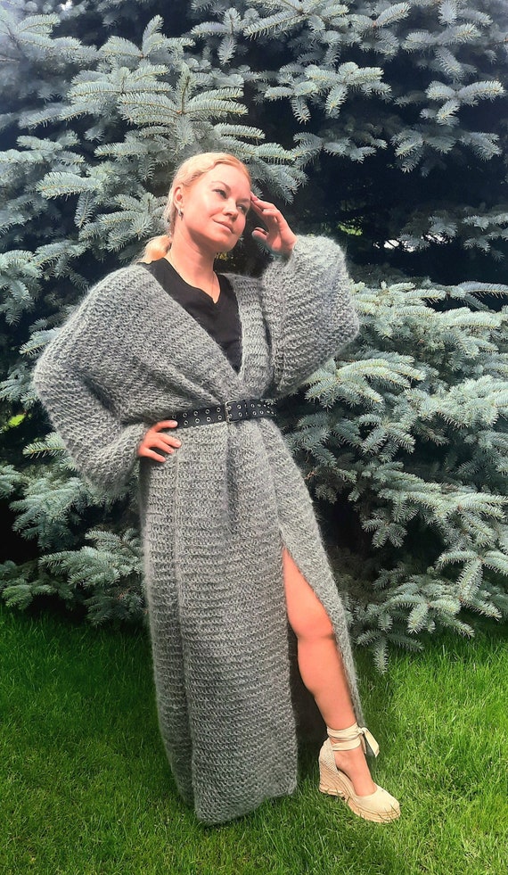 Mohair Maxi Cardigan Long Mohair Cardigan Knitted Wool Cardigan Long Woolen Cardi Chunky Knit Cardigan Boho Long Gray green Cardi Etsy Canada