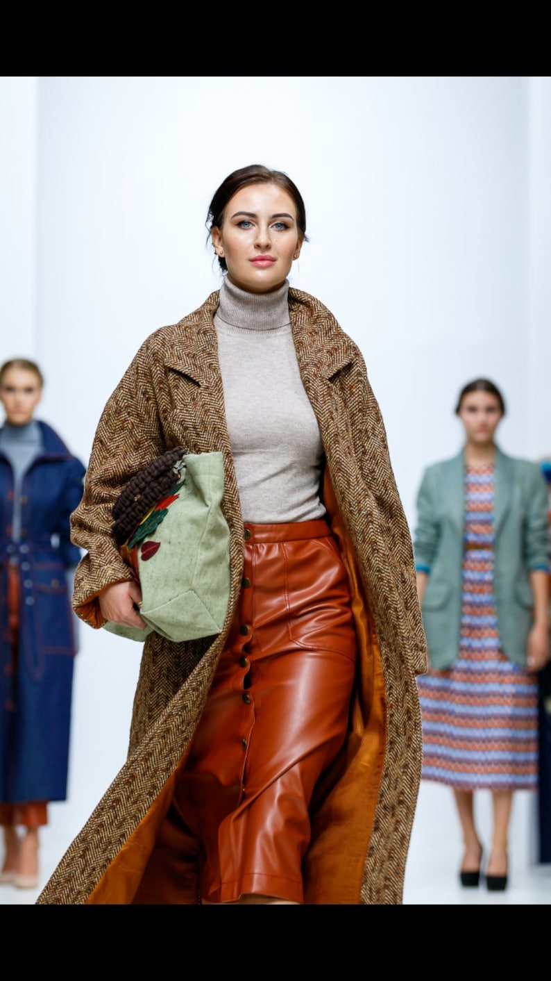 brown faux leather skirt brown midi skirt leather skirt Faux leather midi skirt