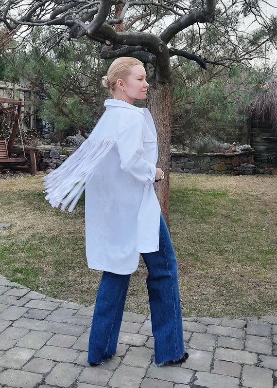 Denim White Fringed Shirt Boho White Denim Dress With Long Denim Fringe Western White Denim Jacket Overshirt With Fringing Fringe Dress Etsy