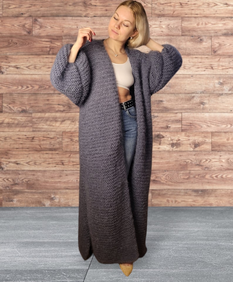 Gris Mohair Maxi Cardigan Largo Mohair Cárdigan Punto Boho Estilo Cárdigan Largo Cardi Punto Cárdigan Boho Largo Gris Cárdigan Suéter Gris imagen 2