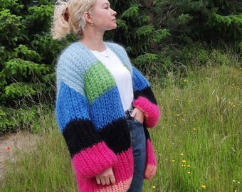 Soft cozy warm mohair multicolor oversized cardigan, mohair cardigan, handknitted cardigan,  fluffy cardigan, woolen cardigan, moher sweater