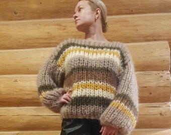Soft cozy oversized mohair sweater, knitted sweater, chunky knit sweater, fluffy sweater, woolen warm sweater, striped mohair sweater