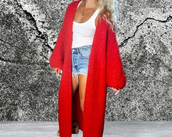 Red Mohair Maxi Cardigan Long Mohair Cardigan Knitted Boho