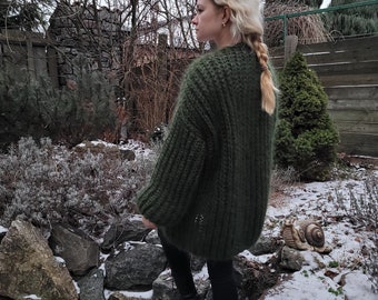 Cozy  Fluffy Mohair Green Oversized Cardigan, Hand Knitted Mohair Cardigan, Khaki Wool Mohair Cardigan, Chunky Dark Green Wool Sweater