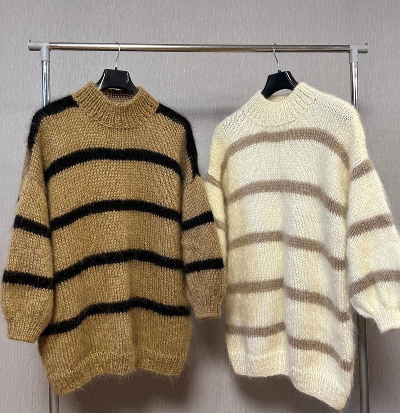 Long fluffy sweater in mohair and wool blend brown with black stripes and white with beige stripes