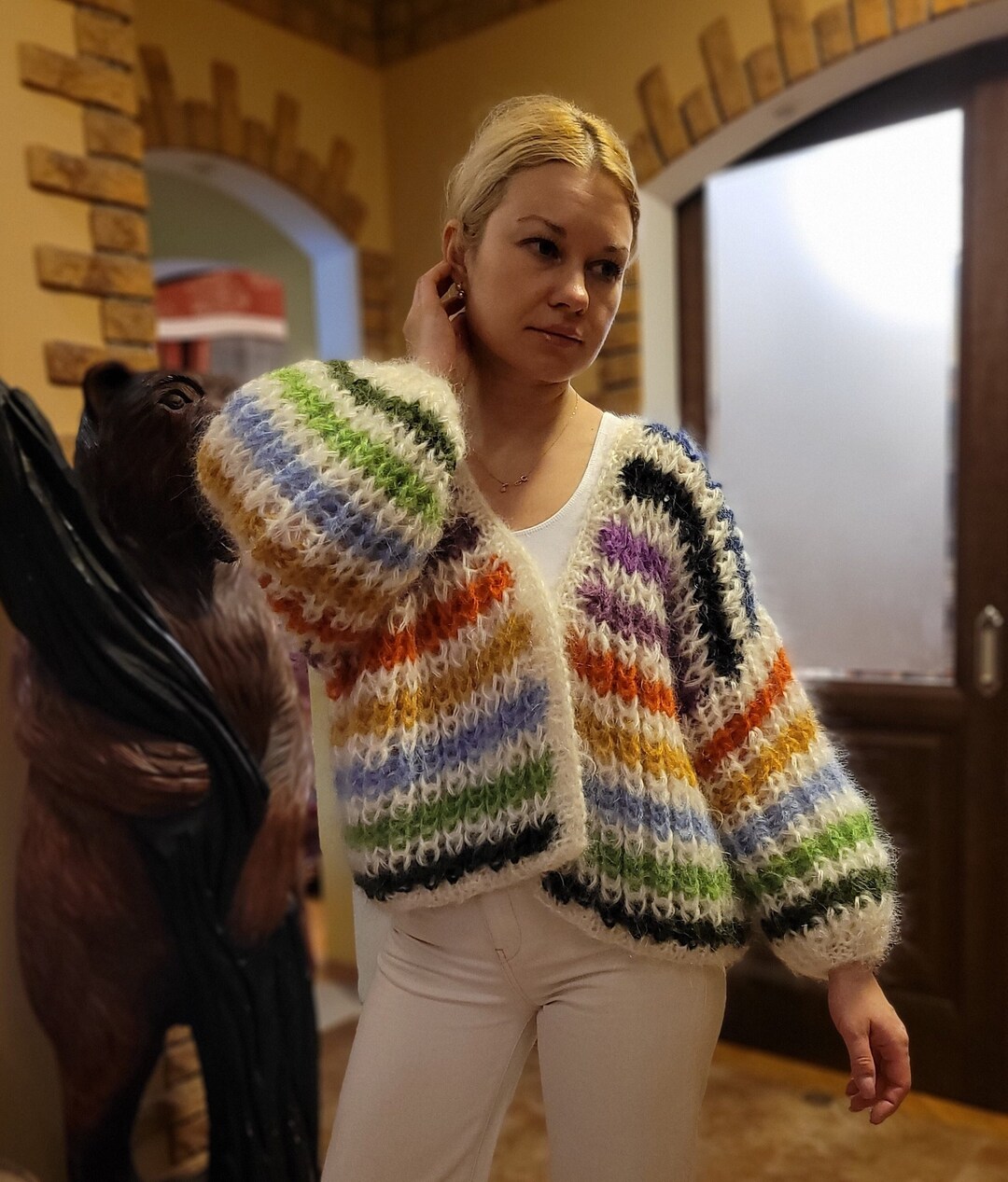 Cozy V Neck Button Up Long Sleeve Eyelash White Mohair Cardigan