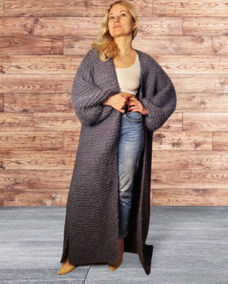 Grey Mohair Maxi Cardigan Long Mohair Cardigan Knitted Boho Style Cardigan Long Cardi Knit Cardigan Boho Long Grey Cardigan Grey Sweater image 7