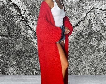 Red Mohair Maxi Cardigan Long Mohair Cardigan Knitted Boho