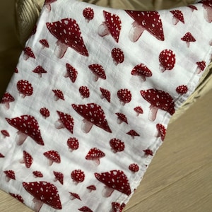 70% bamboo 30 organic cotton muslin baby swaddle blanket large 47” red mushroom print