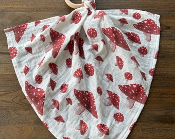 100% Organic cotton sweet pea gauze muslin lovey with wood ring red mushroom