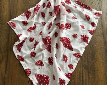 100% Organic cotton sweet pea gauze muslin lovey with wood ring red mushroom