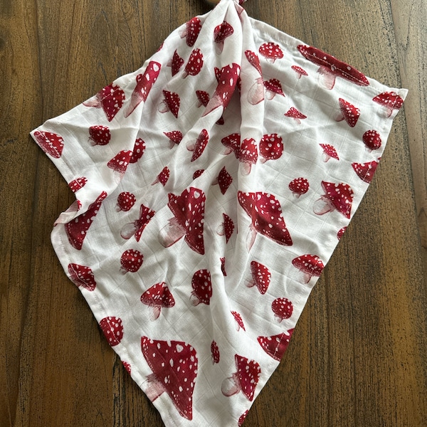 100% Organic cotton sweet pea gauze muslin lovey with wood ring red mushroom