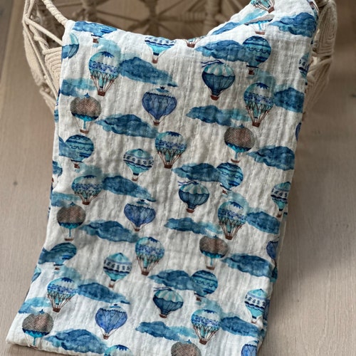 Couverture de lange pour bébé 100 % mousseline de coton biologique, grande taille 120 cm, impression montgolfière
