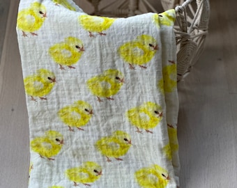 100% organic cotton muslin baby swaddle blanket large 47” yellow baby chick print