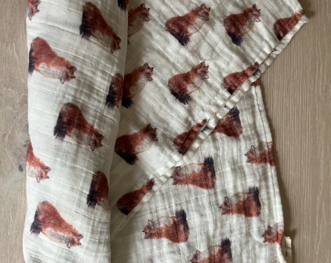 100% GOTS organic cotton muslin baby swaddle blanket large 47” fox print