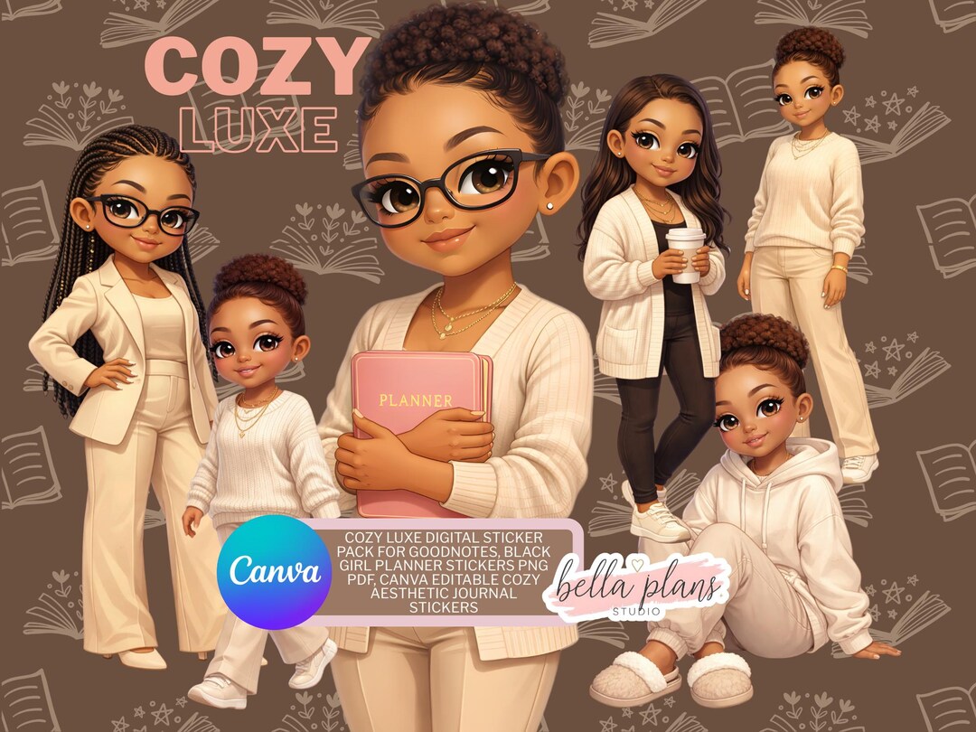 Cozy Black Girl Digital Planner Stickers, Goodnotes, Canva (PNG PDF ...