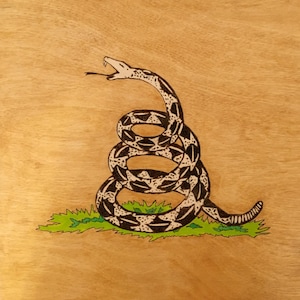 May include: A black and white coiled snake with a patterned design, with its mouth open, is on a wood background with green grass.