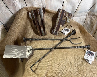 Hand Forged BBQ Grilling Set, made from RailRoad Spikes.  Spatula has a stainless steel blade.