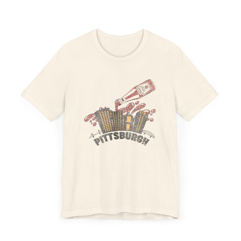 Yinzer Pittsburgh T-Shirt: Dahntahn Skyline Splash - Heinz Ketchup Art, Bella+Canvas Cotton, Unisex Jersey Tee Bild 3