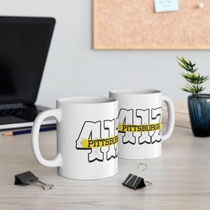 Bpa Free Coffee Mug Comfortable C Handle, 412 Pittsburgh Design, Shiny White Ceramic (11oz & 15oz Sizes, Lead Free) image 4