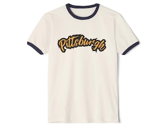Unisex Cotton Ringer Tee: Pittsburgh Grunge Retro Style - Lightweight Fabric, Classic Fit, Baby Rib Collar, Soft Breathable Cotton