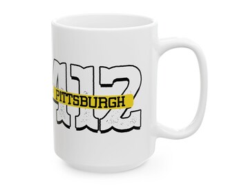 Bpa Free Coffee Mug Comfortable C Handle, 412 Pittsburgh Design, Shiny White Ceramic (11oz & 15oz Sizes, Lead Free)