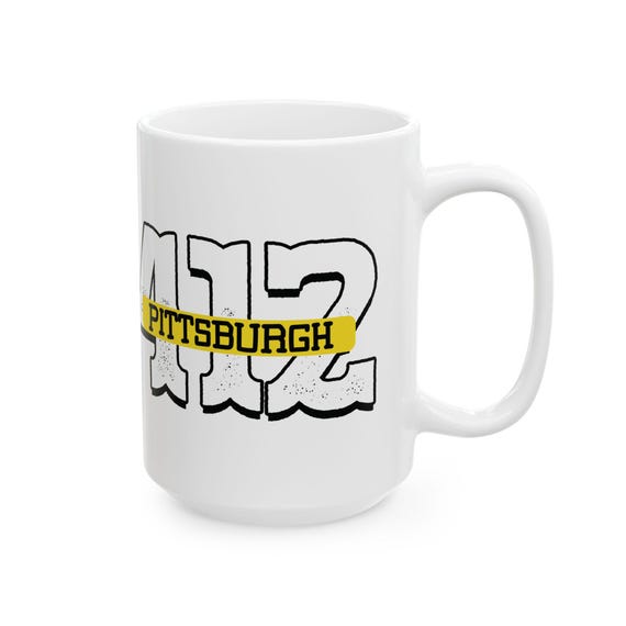 Bpa Free Coffee Mug Comfortable C Handle, 412 Pittsburgh Design, Shiny White Ceramic (11oz & 15oz Sizes, Lead Free)