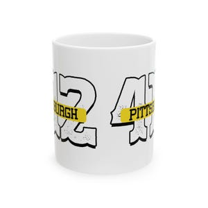 Bpa Free Coffee Mug Comfortable C Handle, 412 Pittsburgh Design, Shiny White Ceramic (11oz & 15oz Sizes, Lead Free) image 2