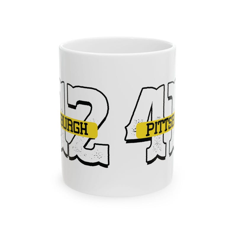 Bpa Free Coffee Mug Comfortable C Handle, 412 Pittsburgh Design, Shiny White Ceramic (11oz & 15oz Sizes, Lead Free) image 2
