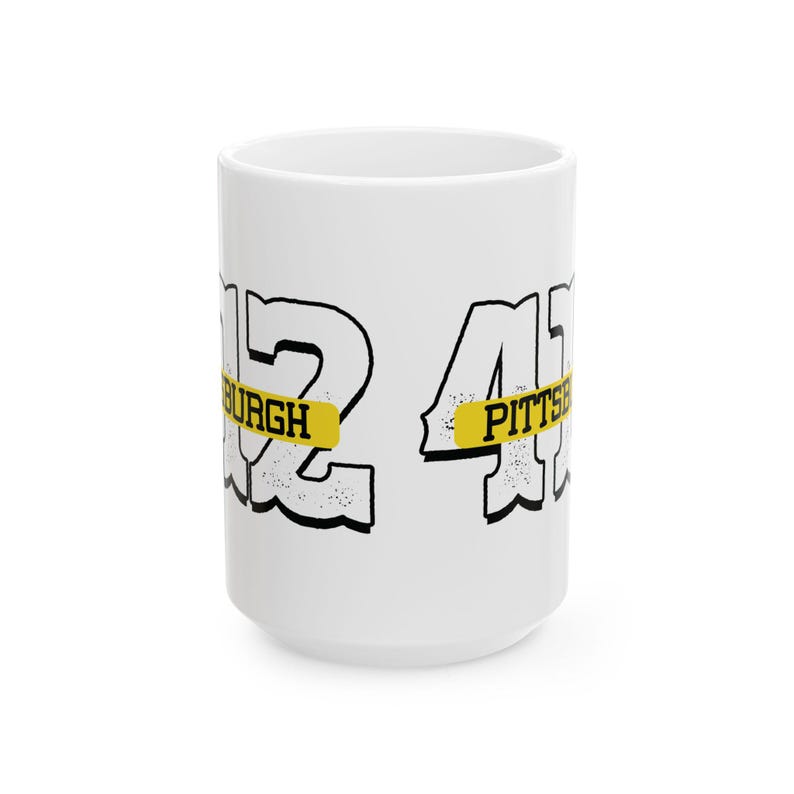 Bpa Free Coffee Mug Comfortable C Handle, 412 Pittsburgh Design, Shiny White Ceramic (11oz & 15oz Sizes, Lead Free) image 3