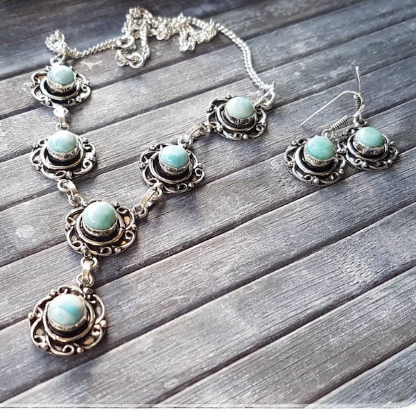 Larimar necklace and earrings 925 silver set. Necklace with 6 round stones 57cm total circumference. Earrings 2 stones length 4cm.