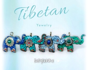 Tibetan Elephant Pendant, Mother of Pearl, Malachite, Turquoise, Lapis Lazuli. Length 4cm. Width 5.5cm