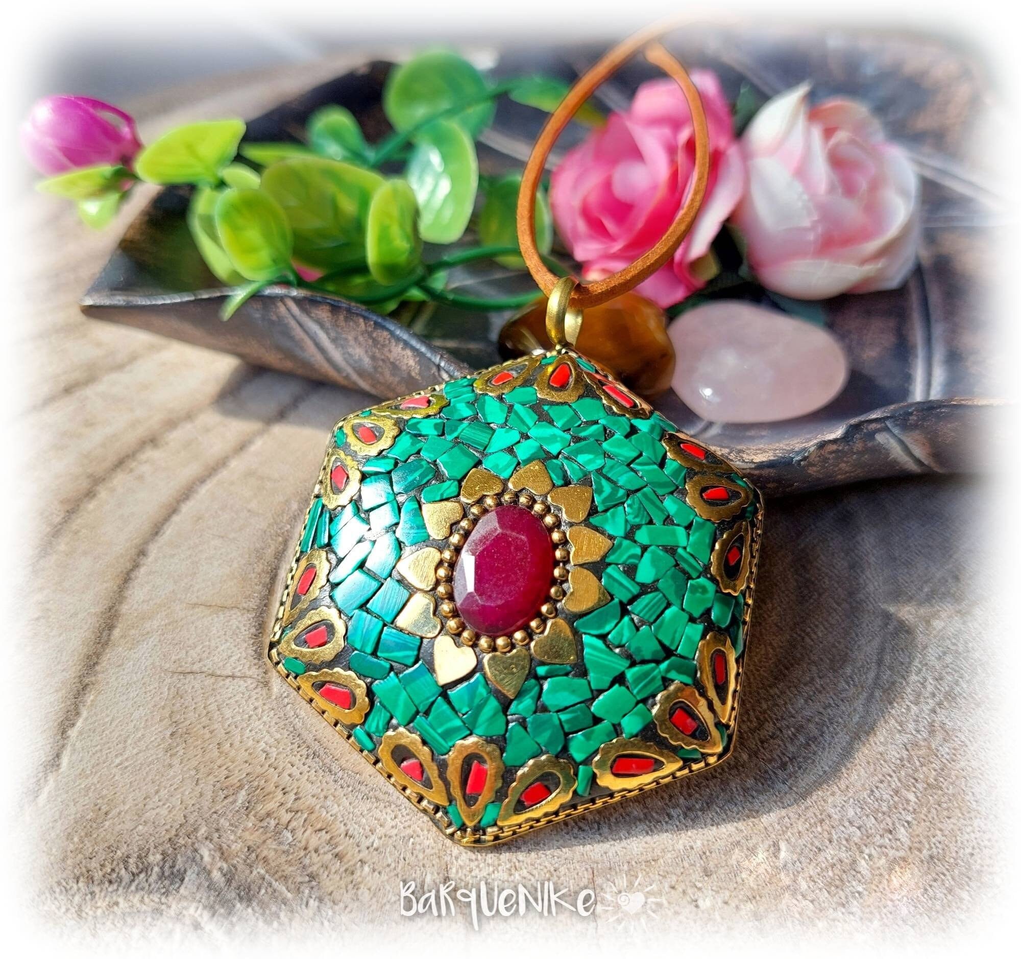 Tibetan Pendant. Turquoise, Coral, Ruby, Emerald, Labradorite, Coral, Malachite, Moonstone. Original Nepal Bronze and brass. Unisex jewelry