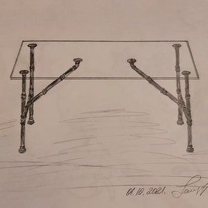 May include: A hand-drawn sketch of a glass-top table with a unique industrial pipe base. The table has four legs, each made of three connected pipes. The pipes are connected at angles to create a sturdy and stylish base.