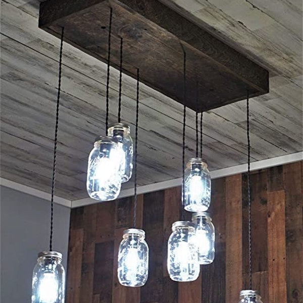 Mason Jar Chandelier, Chandelier with 8 Pendants,Mason Jar Lights,Rustic Dining Chandelier,Wood Chandelier,Mason Jar Lighting,Pendant Light