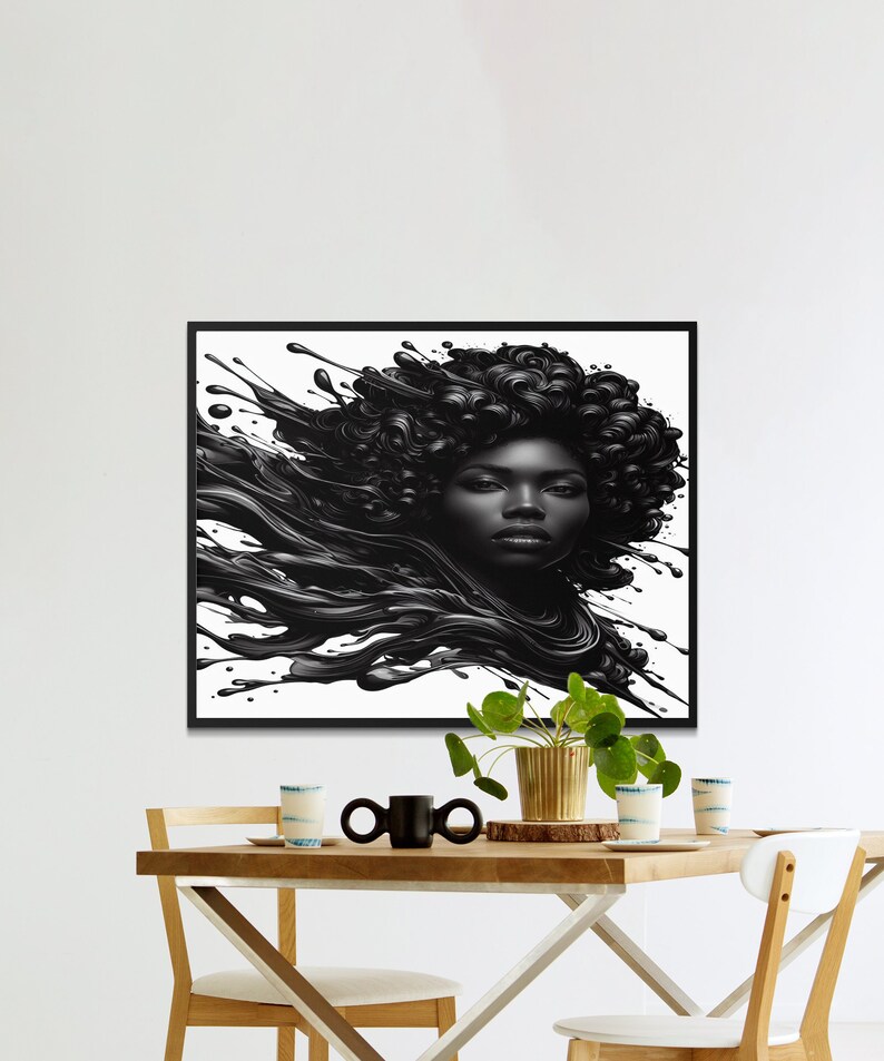 Abstract Black and White Flowing Hair Woman Portrait, Modern Wall Art ...