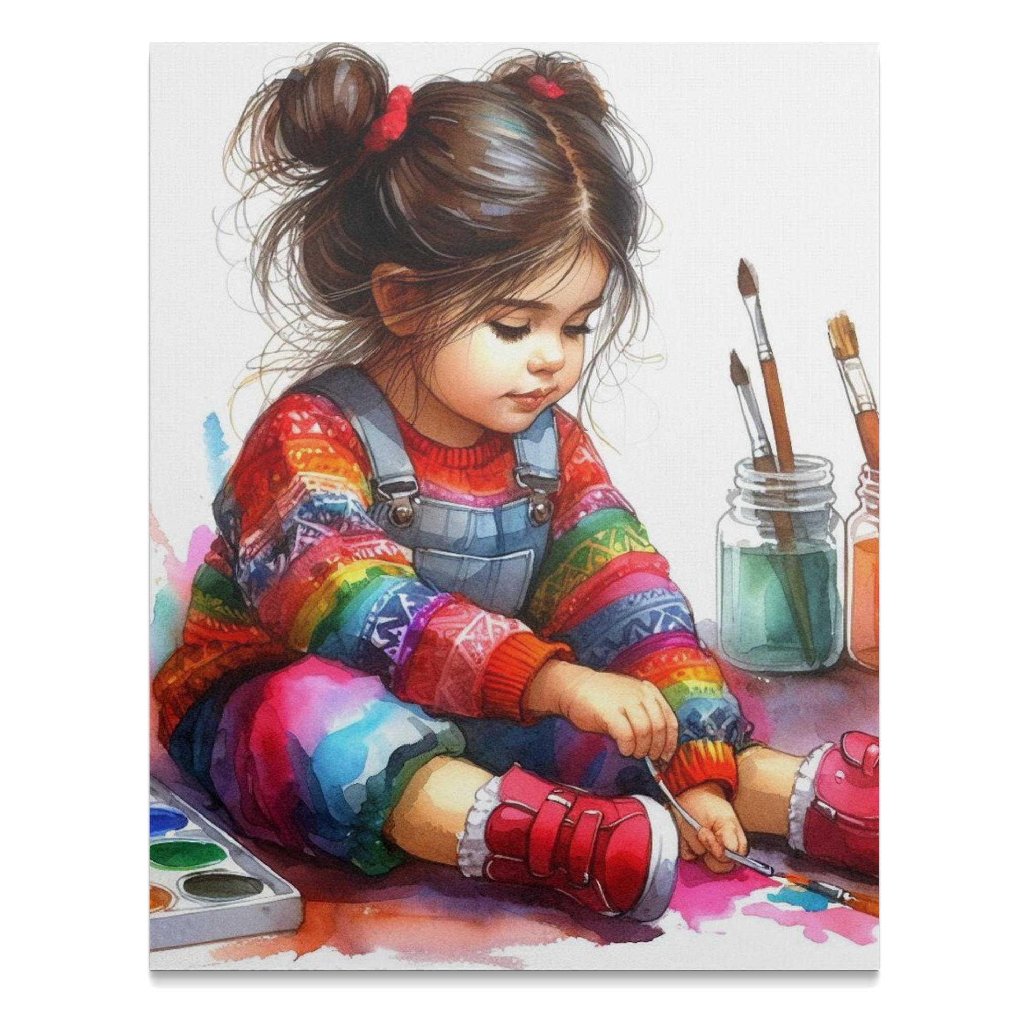 Colorful Watercolor Painting of Little Girl With Paints, Artistic Child ...