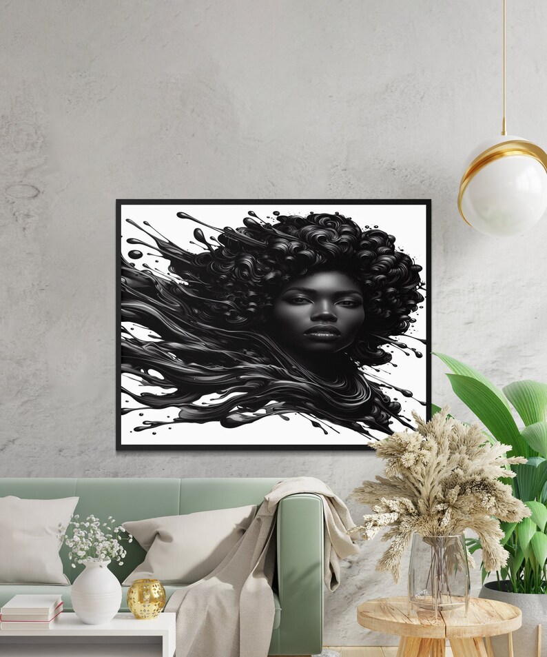 Abstract Black and White Flowing Hair Woman Portrait, Modern Wall Art ...