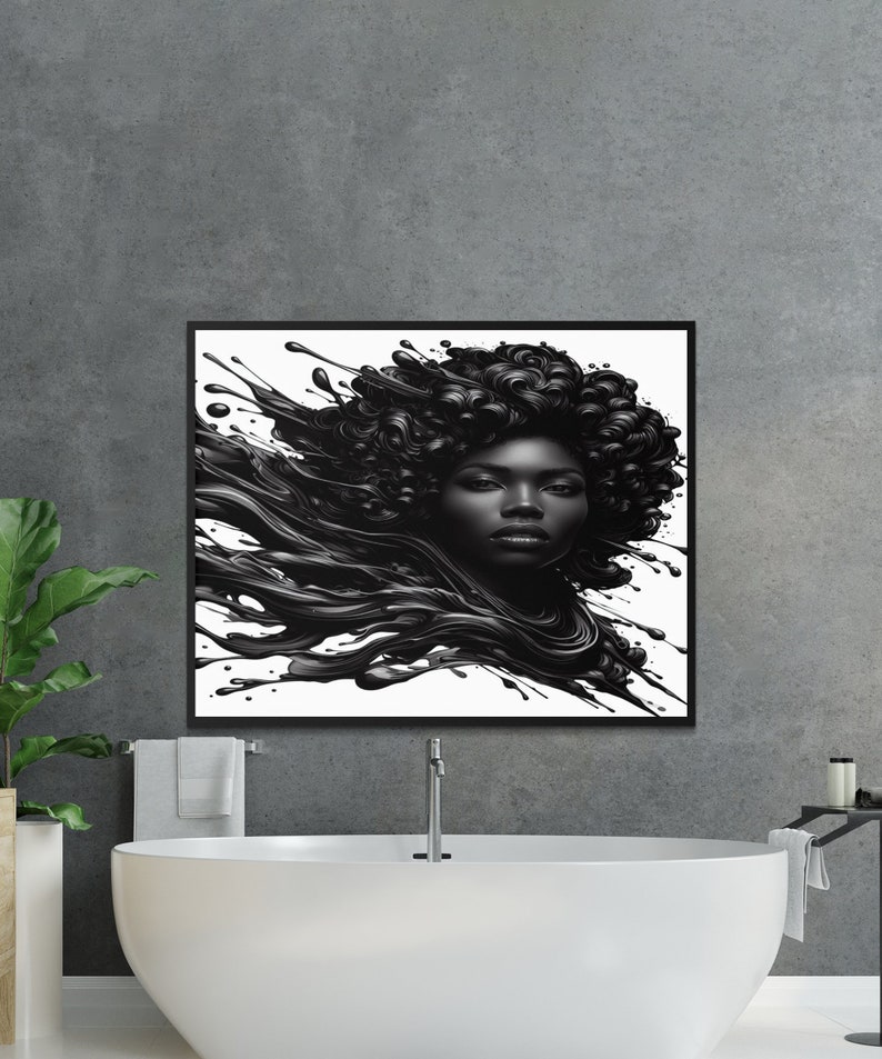 Abstract Black and White Flowing Hair Woman Portrait, Modern Wall Art ...