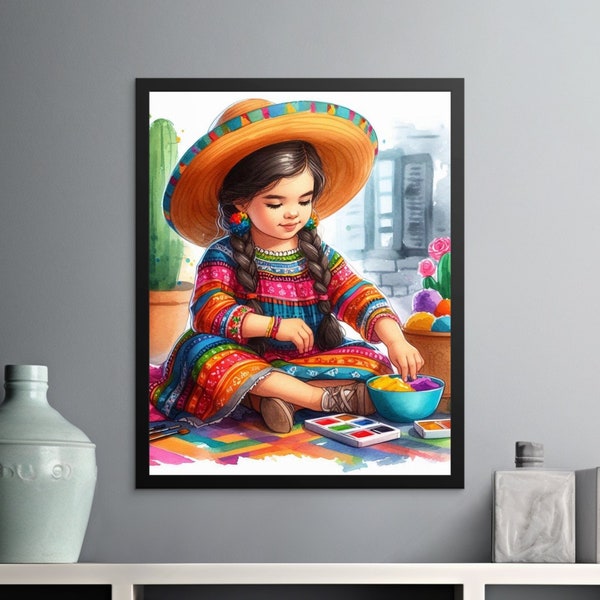 Colorful Mexican Girl Painting, Traditional Dress and Decor, Cactus Wall Art, Vibrant Watercolor Print, Ethnic Folk Art, Home Decor