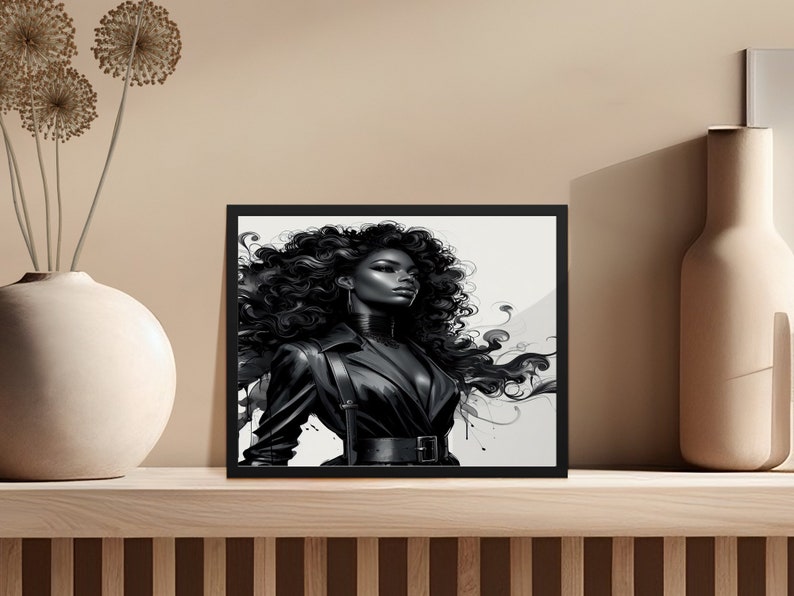 Black and White Fashion Illustration Wall Art, Modern Afro Woman ...