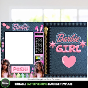 Puede incluir: Una plantilla de máquina expendedora de Pascua con temática Barbie en rosa y azul. El diseño incluye la palabra "Barbie" en cursiva, una máquina expendedora rosa y las palabras "Barbie GIRL" con un corazón. La plantilla también presenta una cremallera y la palabra "PUSH!"