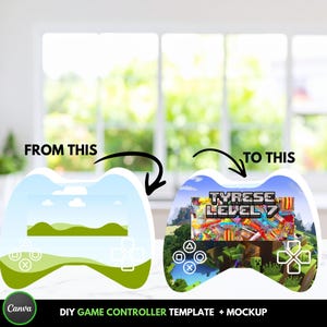 May include: A DIY game controller template and mockup. The left side shows a controller with a landscape design, and the right side shows a controller with a colorful video game design and the text "TYRESE LEVEL 7".