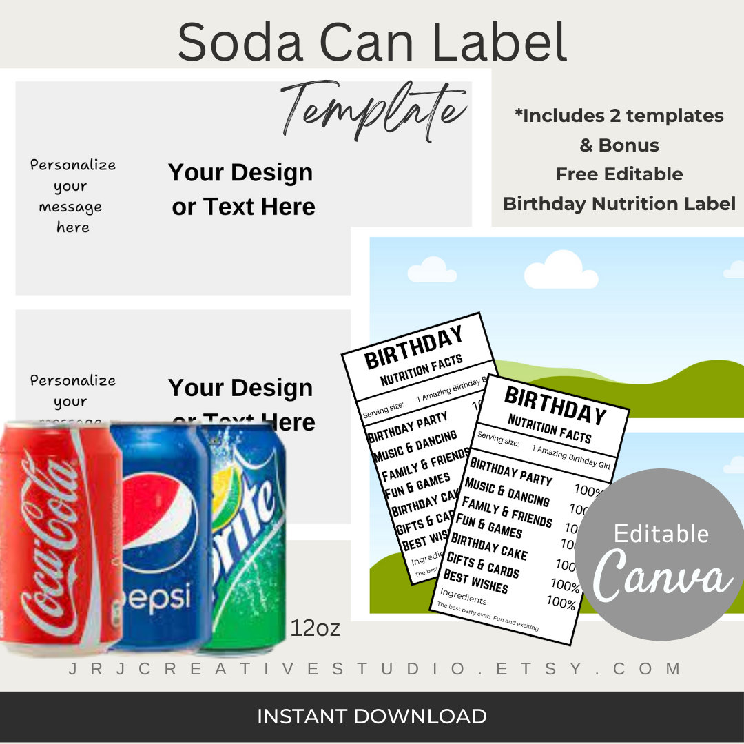 Soda Can Label Template, Editable Party Favor Template, 12 Oz Soda Can Soda Can Label Template, Editable Party Favor Template, 12 Oz Soda Can