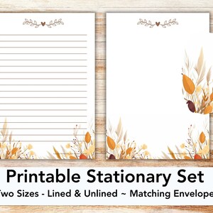 Juego de papelería imprimible con hojas de otoño, con sobre, papel para escribir, carta de EE. UU., papelería imprimible, rayada, sin raya, otoño, arce, follaje